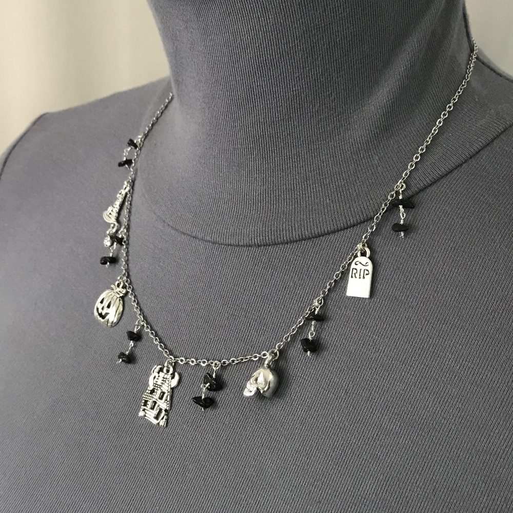 “All Hallows Eve" Handmade Silver Halloween Charm Necklace Haunted House Pumpkin - Picture 5 of 15